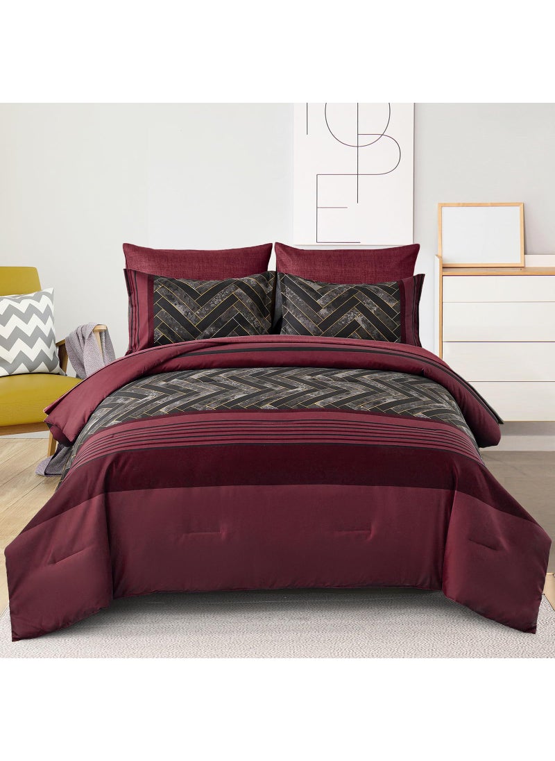 Luxudecor Luxudecor Burgundy Comforter Set Queen Size 7 Pieces Red and Black Stripe Bed in a Bag Geometric Comforter and Sheet Set  Soft Microfiber Complete Bedding Sets for All Seasons  - Image 1