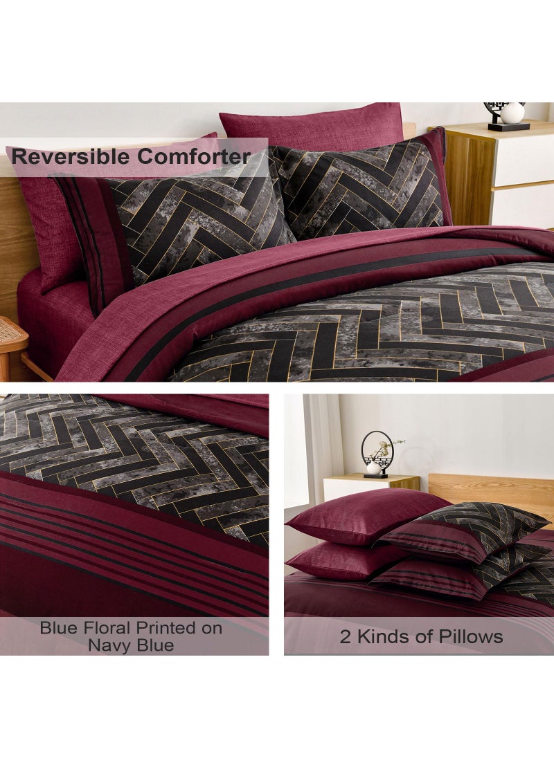 Luxudecor Luxudecor Burgundy Comforter Set Queen Size 7 Pieces Red and Black Stripe Bed in a Bag Geometric Comforter and Sheet Set  Soft Microfiber Complete Bedding Sets for All Seasons  - Image 4