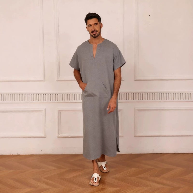 ثوب رجالي بياقة V فضفاض قطن - Image 1