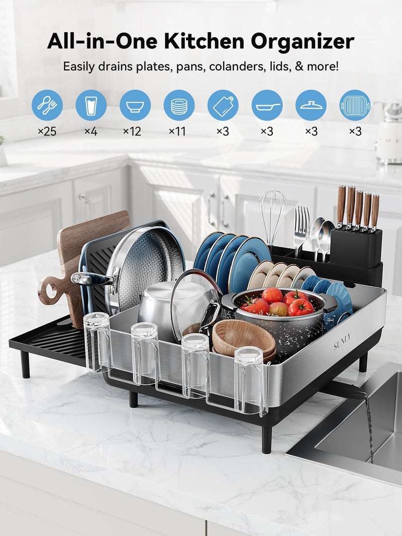 SUNLY Large Dish Drying Rack, Expandable Dish Racks for Kitchen Counter, Space Saving 304 Stainless Steel Drying Rack Kitchen, Extra Large Drainer with Multifunctional Flip Up Pegs, Black - Image 2