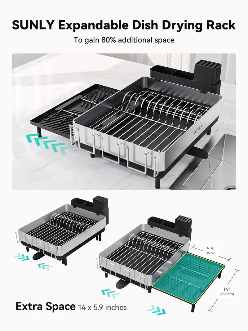 SUNLY Large Dish Drying Rack, Expandable Dish Racks for Kitchen Counter, Space Saving 304 Stainless Steel Drying Rack Kitchen, Extra Large Drainer with Multifunctional Flip Up Pegs, Black - Image 3