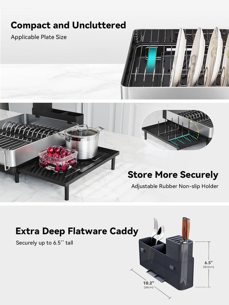 SUNLY Large Dish Drying Rack, Expandable Dish Racks for Kitchen Counter, Space Saving 304 Stainless Steel Drying Rack Kitchen, Extra Large Drainer with Multifunctional Flip Up Pegs, Black - Image 5