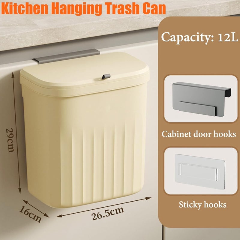 Qiccijoo Kitchen Hanging Trash Can with Lid,3.2 Gallon Waste Bin,Small Plastic Compost Bin for Counter Top or Under Sink Wall-Mounted Garbage Can for Bedroom,Bathroom,Cabinet,Car and Office(Yellow) - Image 2