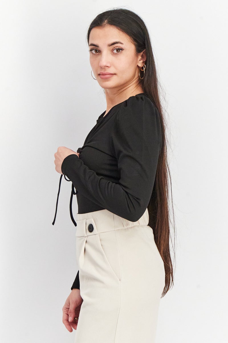 Fashion Union Women Drawstring Keyhole Long Sleeve Bodysuit, Black - Image 3