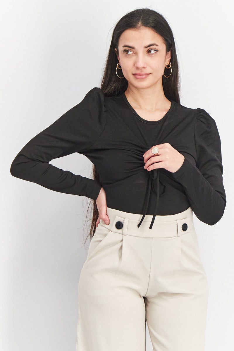 Fashion Union Women Drawstring Keyhole Long Sleeve Bodysuit, Black - Image 1