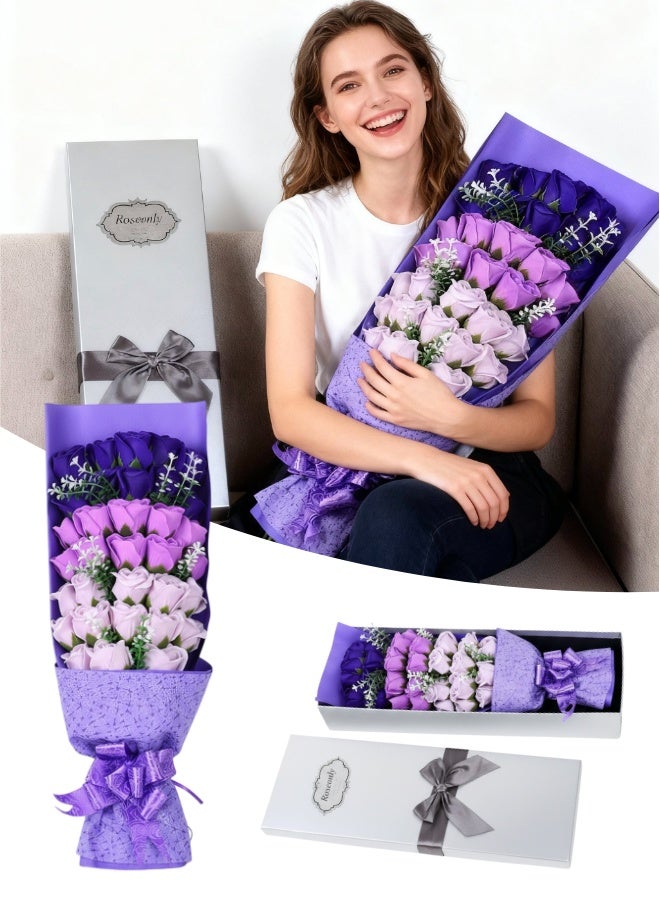 باقة زهور اصطناعية بلون أرجواني مكونة من 33 قطعة مع صندوق هدية، زهور الصابون للزينة والهدية - Image 1