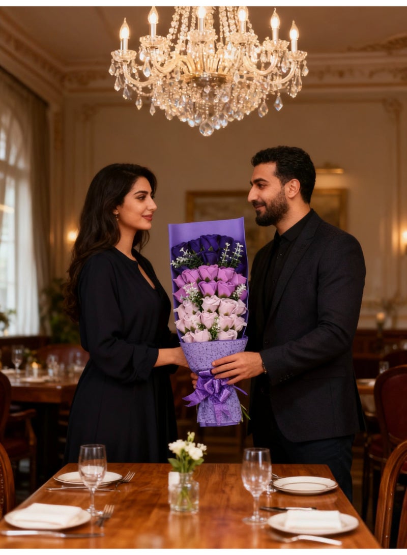 باقة زهور اصطناعية بلون أرجواني مكونة من 33 قطعة مع صندوق هدية، زهور الصابون للزينة والهدية - Image 2