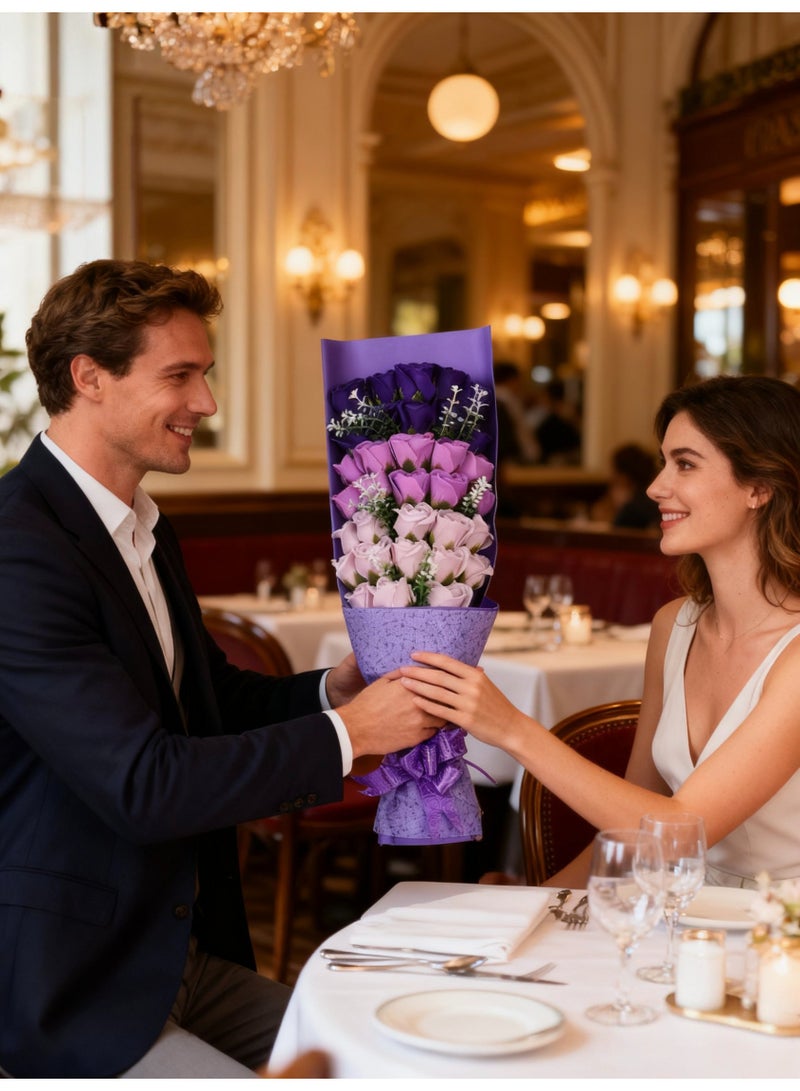 باقة زهور اصطناعية بلون أرجواني مكونة من 33 قطعة مع صندوق هدية، زهور الصابون للزينة والهدية - Image 3