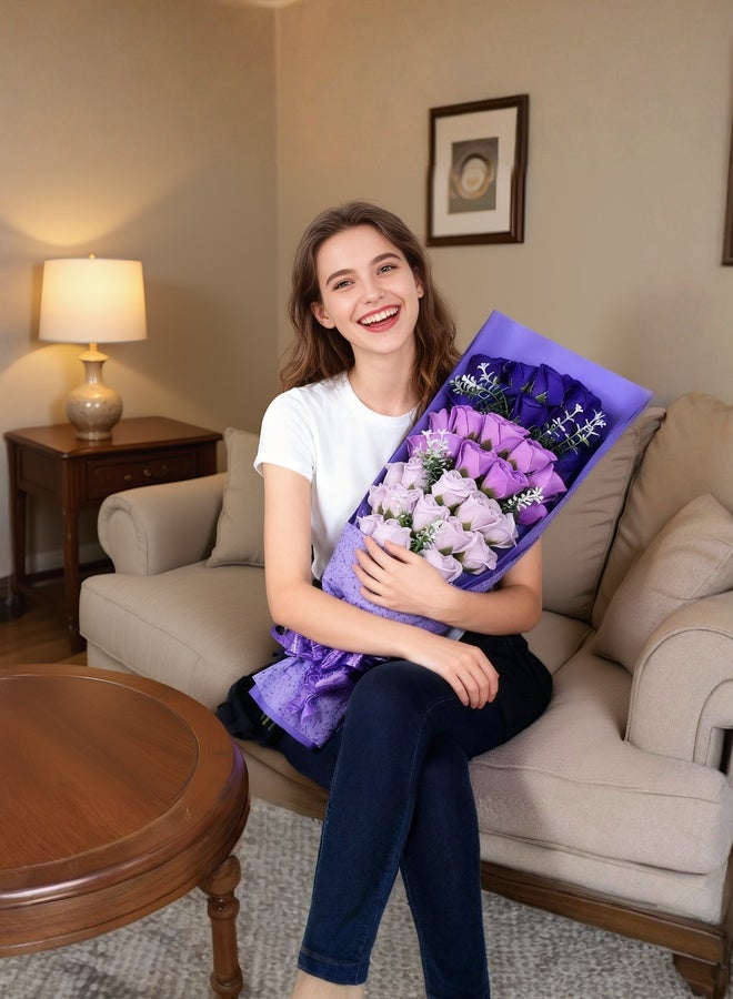 باقة زهور اصطناعية بلون أرجواني مكونة من 33 قطعة مع صندوق هدية، زهور الصابون للزينة والهدية - Image 4