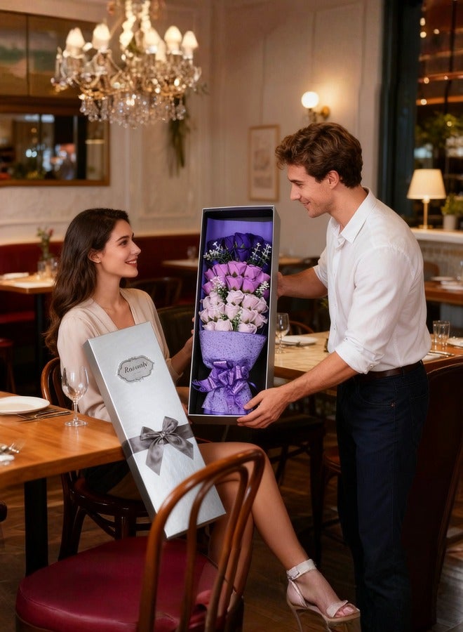 باقة زهور اصطناعية بلون أرجواني مكونة من 33 قطعة مع صندوق هدية، زهور الصابون للزينة والهدية - Image 5