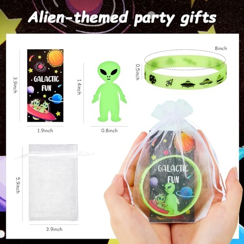 Seematn 25 Set Mini Alien Figure Luminous Silicone Wristbands Green Blessing Cards and Mesh Bags for Alien Themed Party Favors Decorations Goodie Bag Fillers Birthday Supplies Holiday Gifts - Image 5