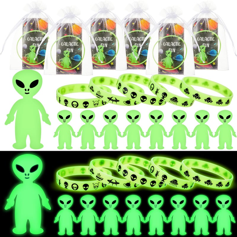 Seematn 25 Set Mini Alien Figure Luminous Silicone Wristbands Green Blessing Cards and Mesh Bags for Alien Themed Party Favors Decorations Goodie Bag Fillers Birthday Supplies Holiday Gifts - Image 3