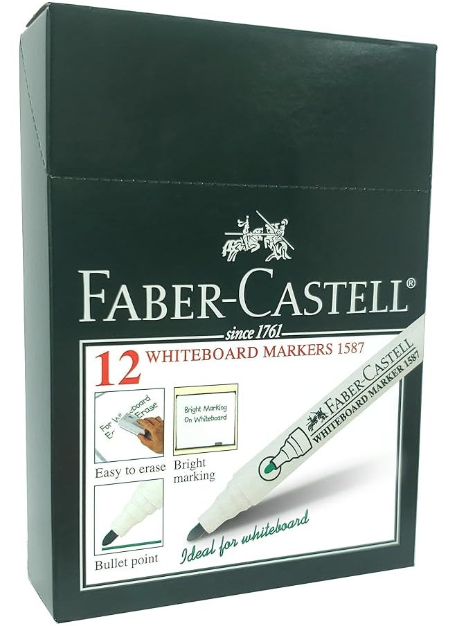 FABER-CASTELL - Round Tip Whiteboard Permanent Marker Pen 12 Pieces Green - Image 1