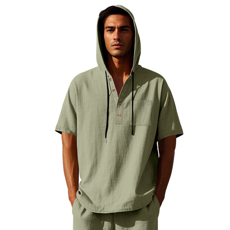 2025 Summer Linen Hooded Men''s Short Sleeve T-Shirt Cross-Border Casual Loose Pullover Henley Shirt - Image 1