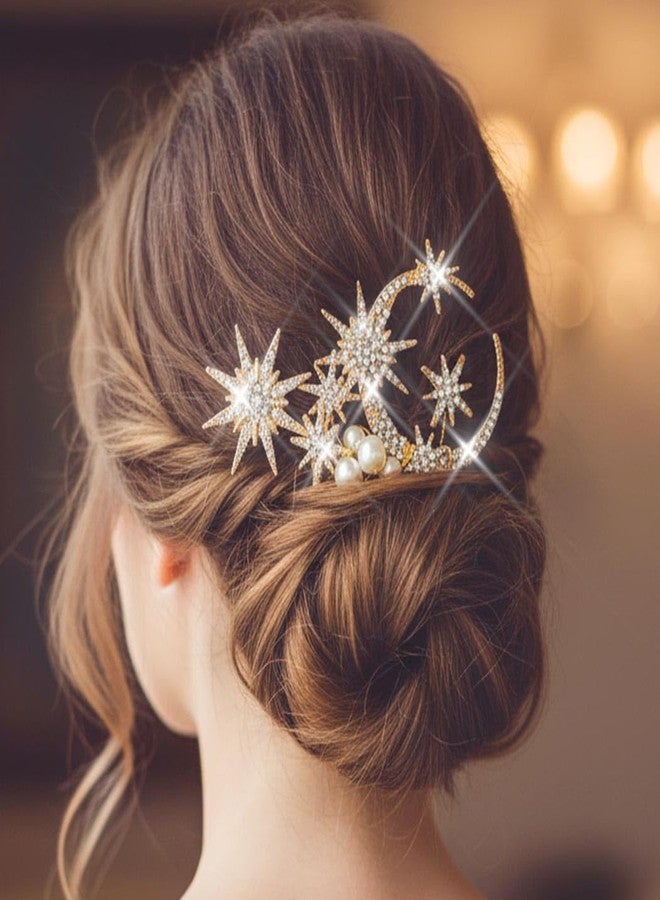 Yean Rhinestone Star Hair Comb Gold Moon Stars Hair Piece Bridal Hair Accessories for Women - Image 3