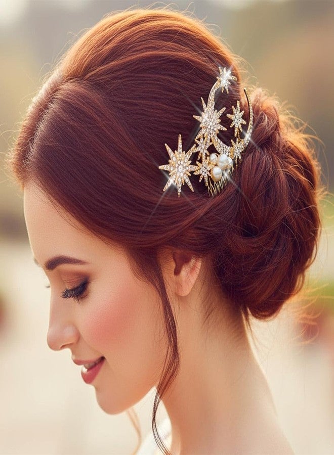 Yean Rhinestone Star Hair Comb Gold Moon Stars Hair Piece Bridal Hair Accessories for Women - Image 1