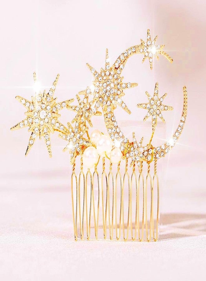 Yean Rhinestone Star Hair Comb Gold Moon Stars Hair Piece Bridal Hair Accessories for Women - Image 2