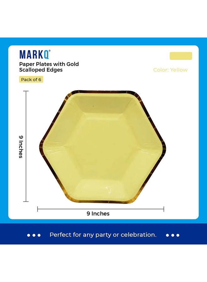 مارك أطباق ورقية صفراء للحفلات، أطباق للاستخدام مرة واحدة مقاس 9 بوصات مع حواف ذهبية مزخرفة لحفلات الزفاف والنزهات وحفلات استقبال المولود وديكورات الذكرى السنوية ولوازم حفلات أعياد الميلاد [عبوة من 6 قطع] - Image 2