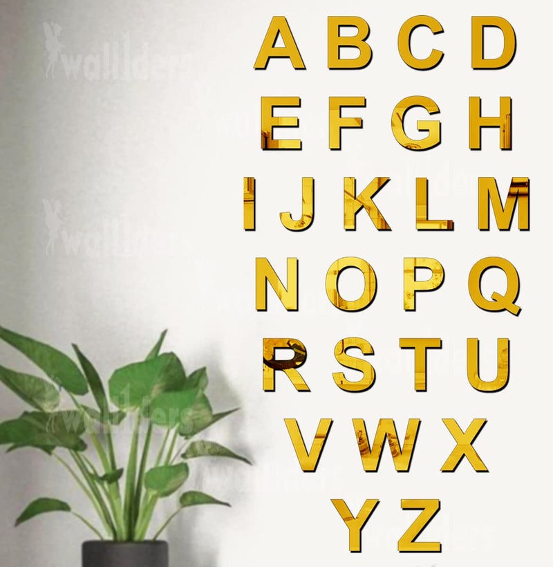 Wall1ders Wall1ders A to Z Alphabet Mirror Stickers for Wall Acrylic Mirror Wall Decor Sticker Wall Mirror Stickers Acrylic Stickers Wall Stickers for Hall Room Bed Room Kitchen Golden 