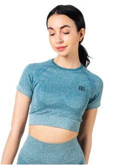 Bernessi Nylon Melange Short Sleeve Crop Top with Round Neck Women's Cropped T Shirt for Workout Yoga Running Exercise Textured Blue  - Image 3