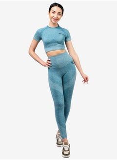 Bernessi Nylon Melange Short Sleeve Crop Top with Round Neck Women's Cropped T Shirt for Workout Yoga Running Exercise Textured Blue  - Image 4