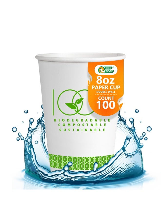 EcoEdge 8 Oz Disposable Double Wall Heavy-Duty Party Paper Cups (Pack of 100) | For Coffee-Latte, Tea, Juice and Water | Compostable, Durable, insulated | For Delivery or Take Out | 100% Eco Friendly - Image 2