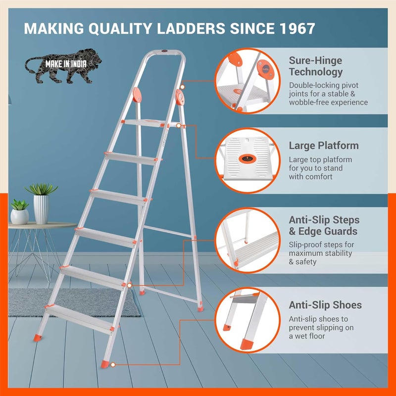 Bathla Safex 6Step Foldable Aluminium Ladder for Home AntiSlip Steps Edge Guards 5 Year Manufacturer Warranty with SureHinge Technology Orange - Image 2