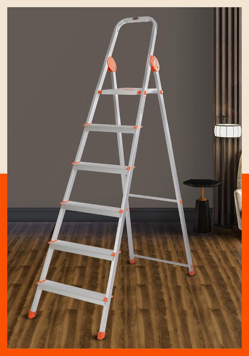 Bathla Safex 6Step Foldable Aluminium Ladder for Home AntiSlip Steps Edge Guards 5 Year Manufacturer Warranty with SureHinge Technology Orange - Image 1