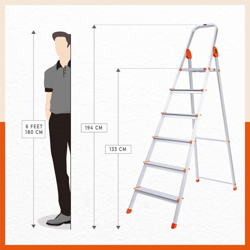 Bathla Safex 6Step Foldable Aluminium Ladder for Home AntiSlip Steps Edge Guards 5 Year Manufacturer Warranty with SureHinge Technology Orange - Image 3