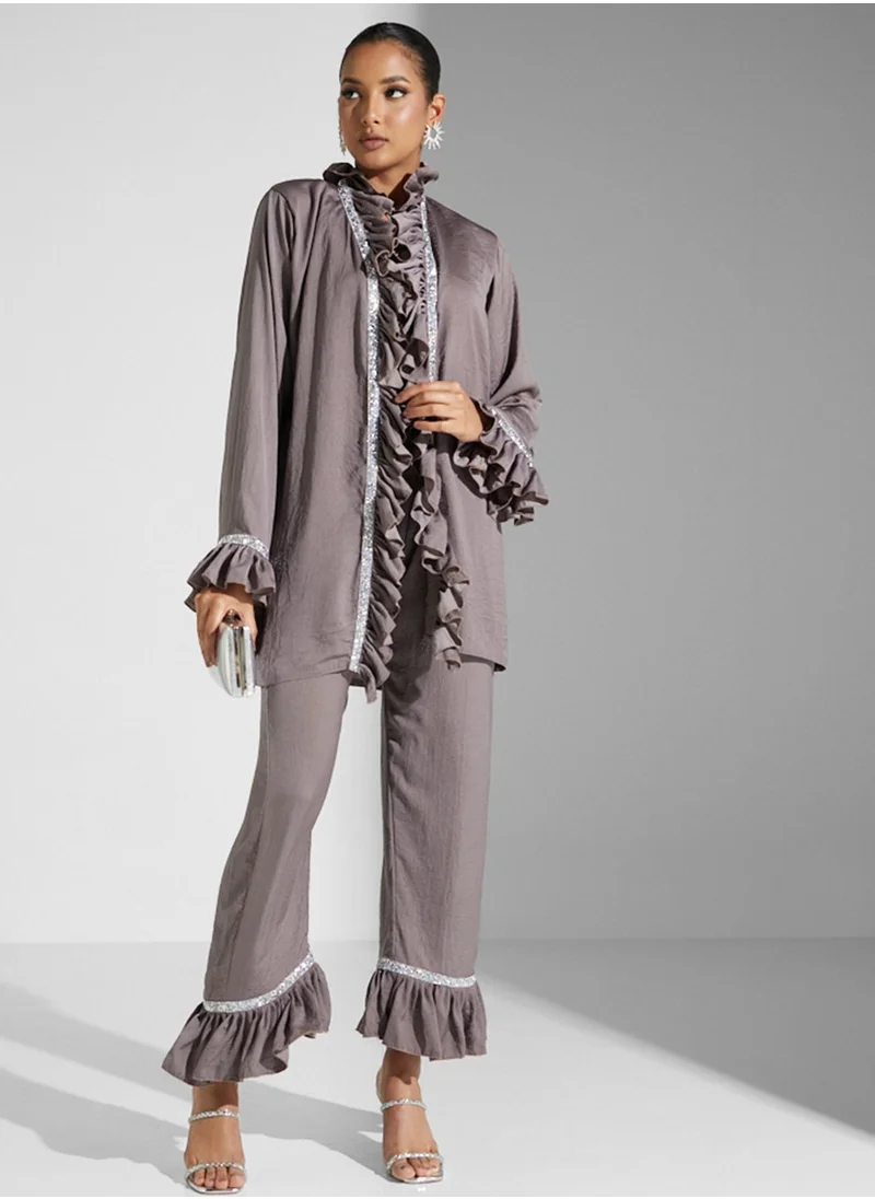 hayas closet Ruffle Detail Shirt & Pant Set