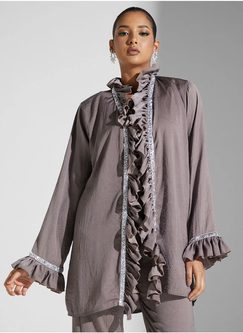 hayas closet Ruffle Detail Shirt & Pant Set