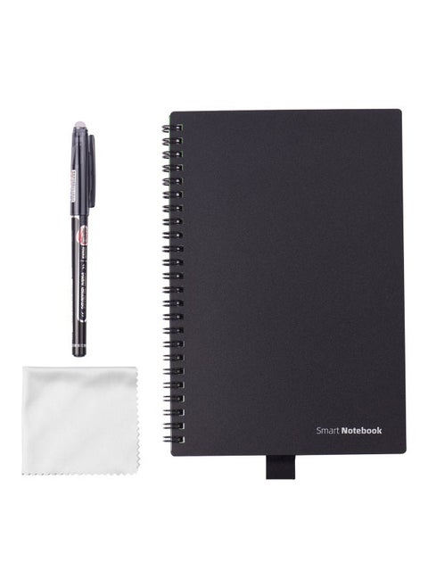 3-Piece A5 Sprial Binding Notebook With Erasable Pen And Cloth Set Black