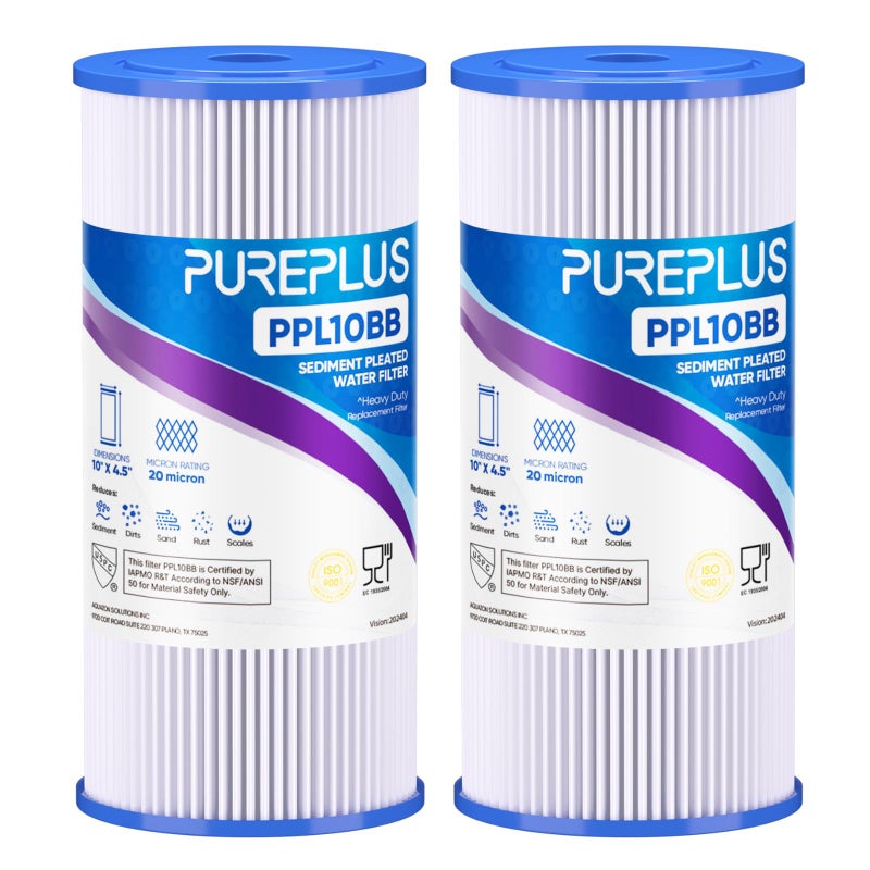 Pure Plus PUREPLUS 20 Micron 10" x 4.5" Whole House Pleated Sediment Filter for Well Water, Replacement Cartridge for GE FXHSC, Culligan R50-BBSA, Pentek R50-BB, DuPont WFHDC3001, W50PEHD, GXWH40L, 2Pack - Image 1