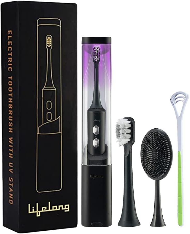 Lifelong Wireless Electric Toothbrush with UV stand, 1 Handle, 2 Brush Heads, 1 Charging Cable, 1 Tounge Cleaner (LLDC117, Black) - Image 1