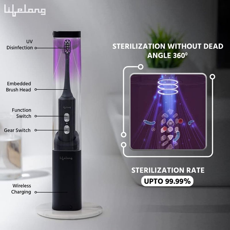 Lifelong Wireless Electric Toothbrush with UV stand, 1 Handle, 2 Brush Heads, 1 Charging Cable, 1 Tounge Cleaner (LLDC117, Black) - Image 4
