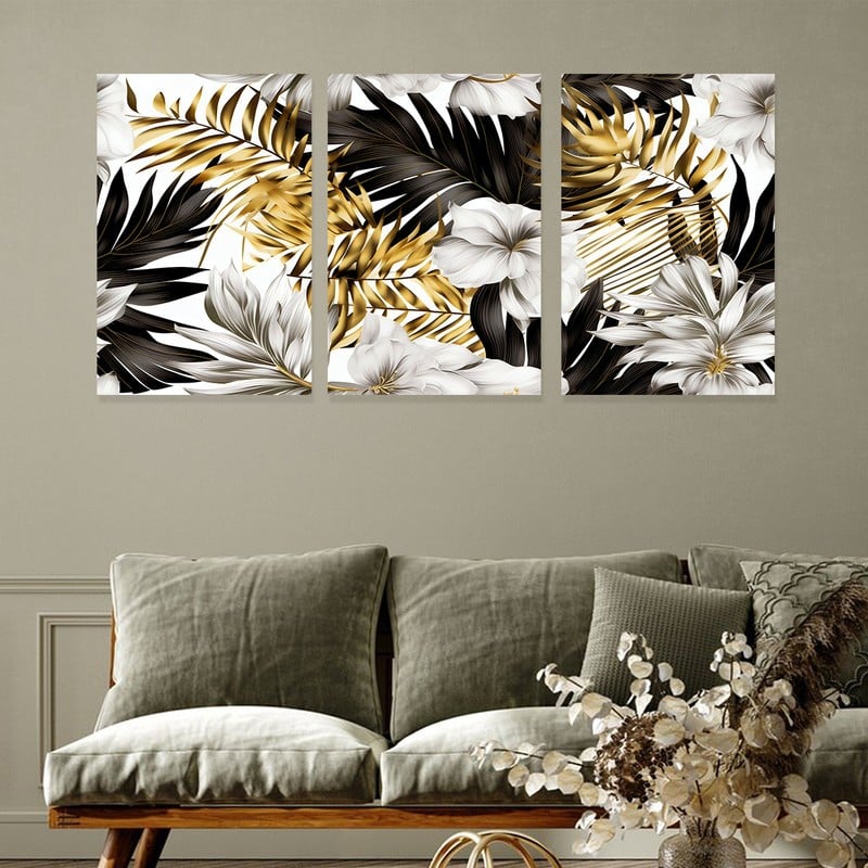 Marktna Three canvas panels with a floral design and a hollow frame, measuring (120×60), three pieces - Image 1
