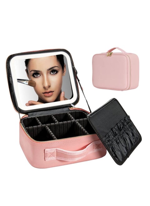 ONECIRCLE makeup bag with LED mirror, Adjustable Brightness LED Cosmetic Train Case with brush storage board suitable for your travel and daily makeup bag with led mirror lighted (pink)