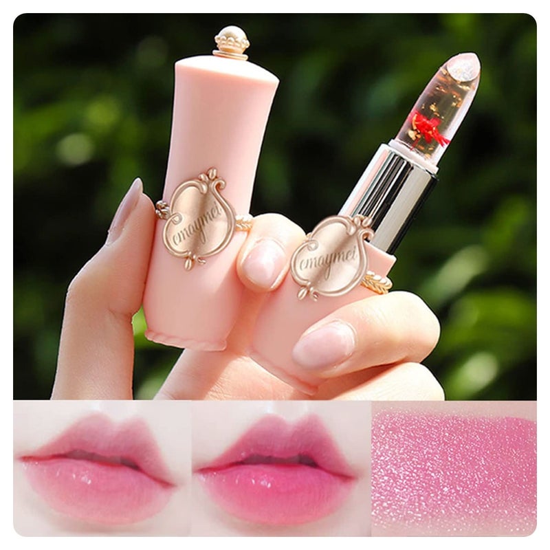 Paminify 2Pcs Jelly Clear Crystal Flower Magic Lipstick Tinted Lip Balm Nourishing Moisturizing Lip Stick labial magicos,pink - Image 2