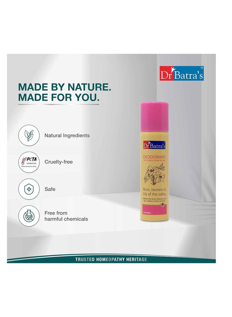 Dr Batra's Deodarant For Women With Long Lasting Action Rose Jasmine Lily Of The Valley Mild Fragrance 150 ml Pack of 2 - Image 4