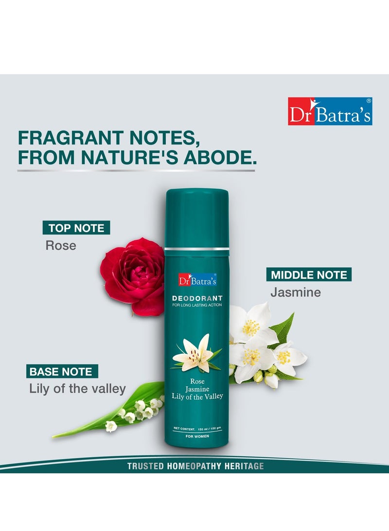 Dr Batra's Deodarant For Women With Long Lasting Action Rose Jasmine Lily Of The Valley Mild Fragrance 150 ml Pack of 2 - Image 3