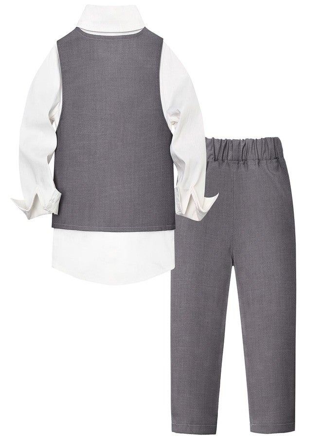 Juivesia Toddler Boy Suits Baby Gentleman Wedding Outfit Formal Dress Shirt Vest Bowtie Pants 4Pcs Boys Suit Clothes Set (Gray, 18-24 Months) - Image 2