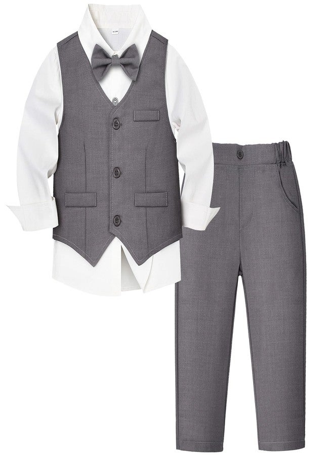 Juivesia Toddler Boy Suits Baby Gentleman Wedding Outfit Formal Dress Shirt Vest Bowtie Pants 4Pcs Boys Suit Clothes Set (Gray, 18-24 Months) - Image 1