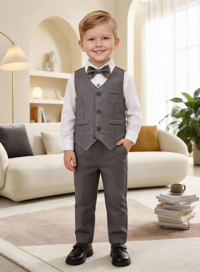 Juivesia Toddler Boy Suits Baby Gentleman Wedding Outfit Formal Dress Shirt Vest Bowtie Pants 4Pcs Boys Suit Clothes Set (Gray, 18-24 Months) - Image 3
