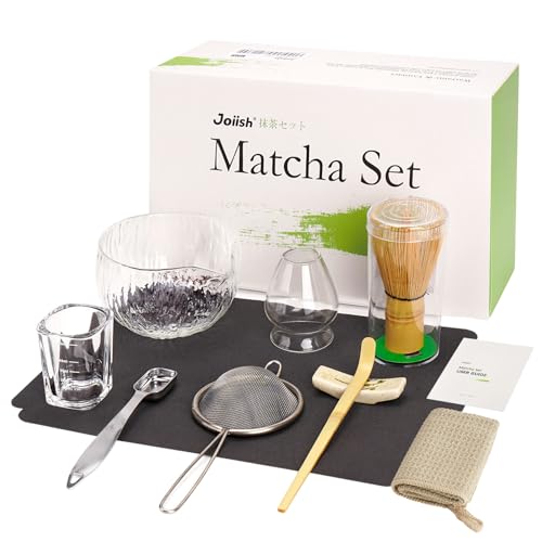 Joiish 10-Pcs Matcha Whisk Set Kit, Whisk and Bowl with Spout & Measuring Spoon & Cup, Japanese Matcha Tea Making Tools, Transparent Textured Glass - Image 1