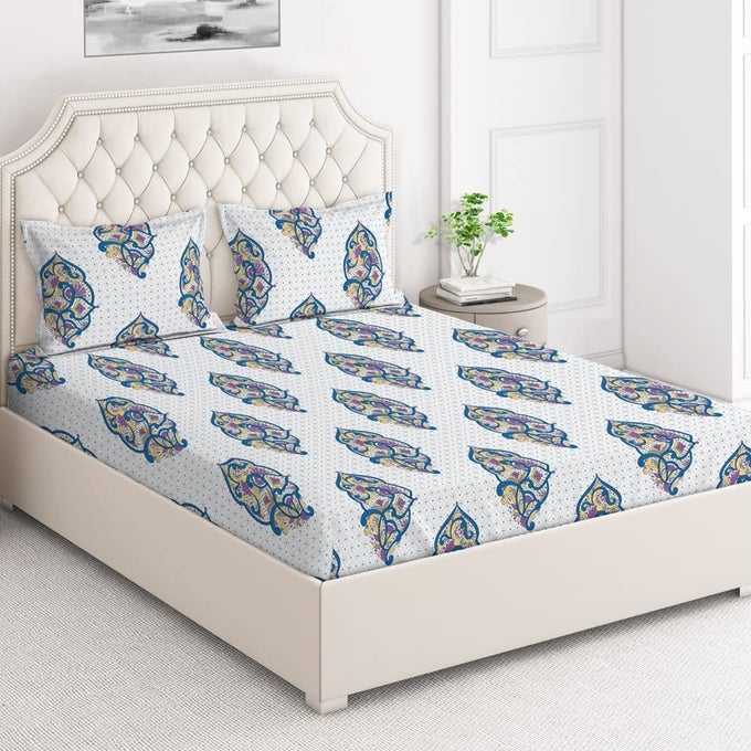 DURACOUNT BEDSHEET SET FOR ALL SEASONS LIGHTWEIGHT MOISTURE ABSORBENT MACHINE WASHABLE EASY TO CARE GIFT FOR HOUSEWARMING MORE 225 CVC KING SIZE BLUE ETHNIC