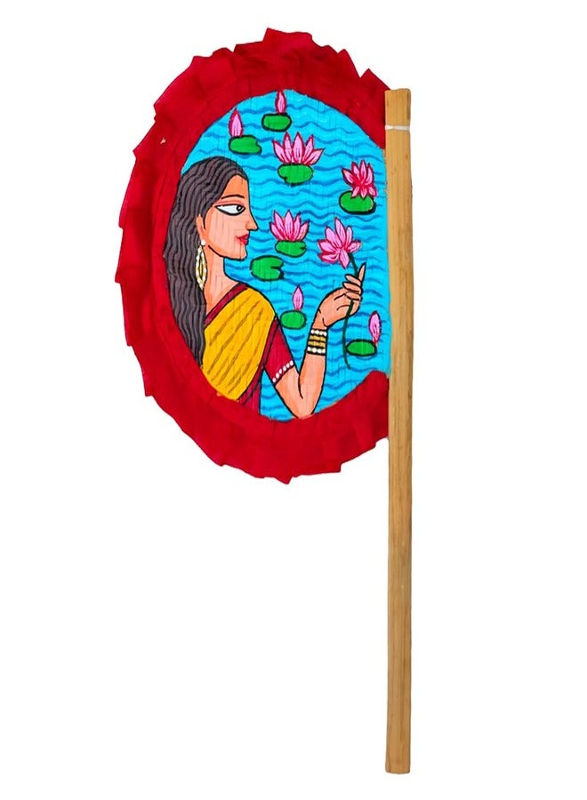Craftooba Hand Painted Decorative Folk Art Bamboo Made Hand Fan (hatpakha) Women with lotus | Home Decor & Festival | Handmade & Handpainted Beautiful Traditional Hand Fan. - Image 1