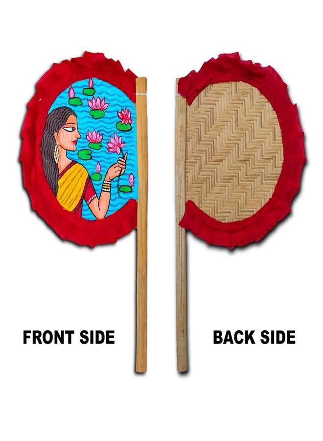 Craftooba Hand Painted Decorative Folk Art Bamboo Made Hand Fan (hatpakha) Women with lotus | Home Decor & Festival | Handmade & Handpainted Beautiful Traditional Hand Fan. - Image 2
