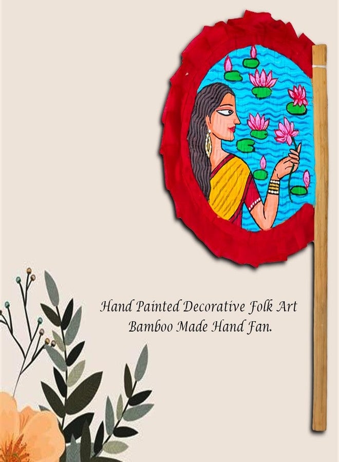 Craftooba Hand Painted Decorative Folk Art Bamboo Made Hand Fan (hatpakha) Women with lotus | Home Decor & Festival | Handmade & Handpainted Beautiful Traditional Hand Fan. - Image 3