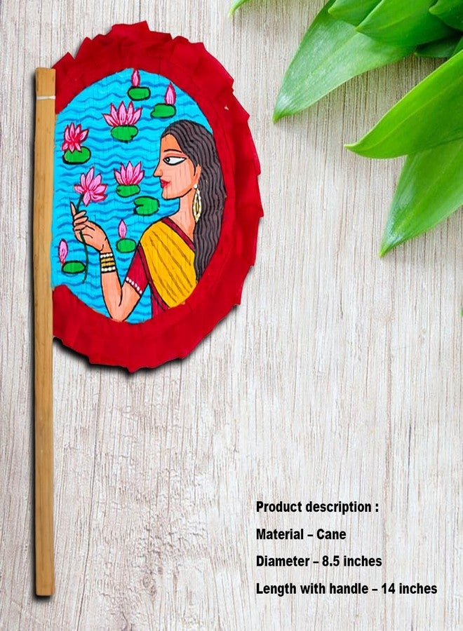 Craftooba Hand Painted Decorative Folk Art Bamboo Made Hand Fan (hatpakha) Women with lotus | Home Decor & Festival | Handmade & Handpainted Beautiful Traditional Hand Fan. - Image 5