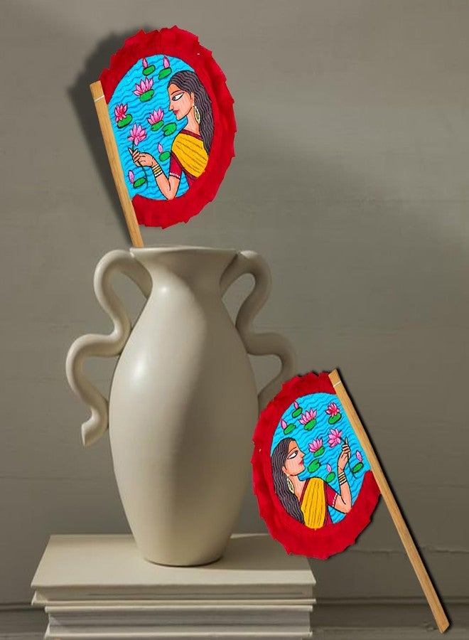 Craftooba Hand Painted Decorative Folk Art Bamboo Made Hand Fan (hatpakha) Women with lotus | Home Decor & Festival | Handmade & Handpainted Beautiful Traditional Hand Fan. - Image 4